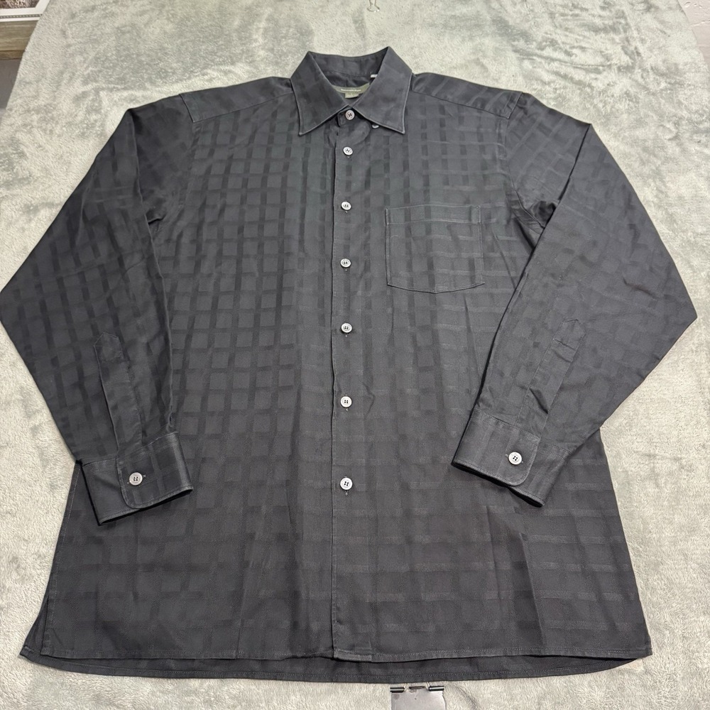 Ermenegildo Zegna Black Geometric Textured Dress Shirt Button Mens L Preppy Work
